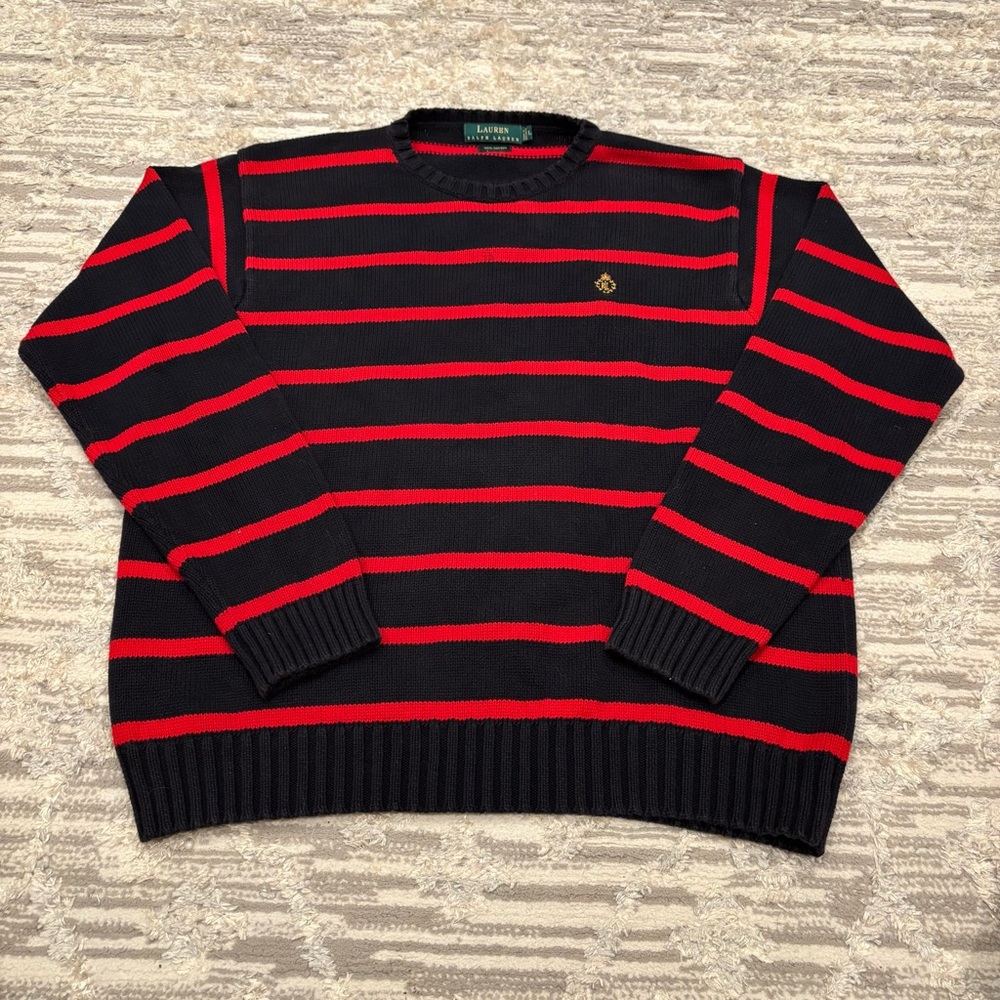 Vintage Lauren Ralph Lauren Striped Knit Sweater Crest Logo Rugby Men’s Large